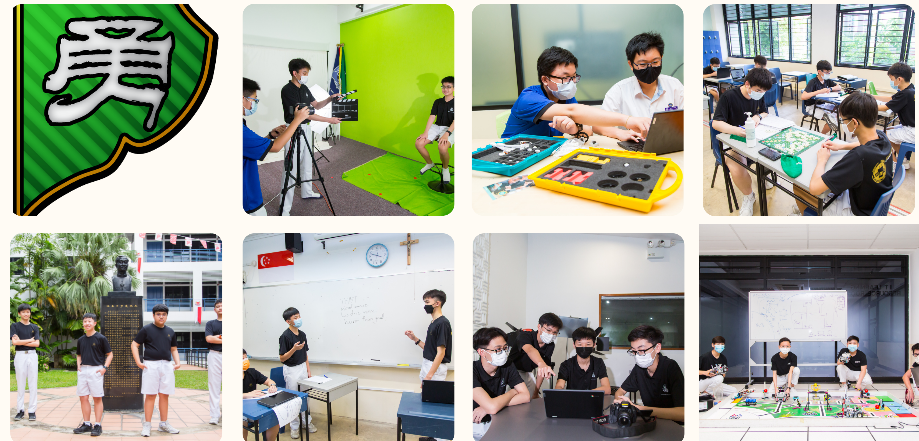 Collage of masked school boys in various activities including filming, robotics, classroom learning, and a statue outdoor.